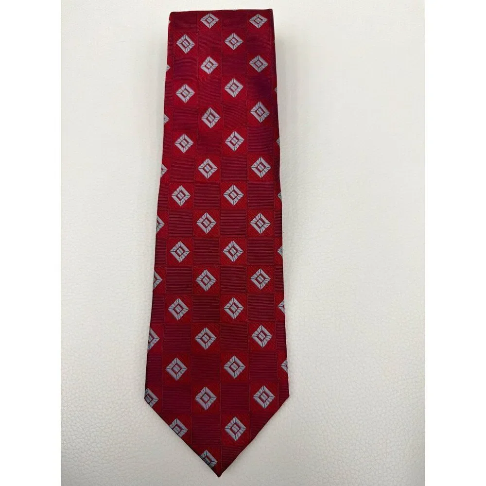 Jos. A. Bank Men’s Red Gray Square & Diamond Pattern Long Silk Necktie